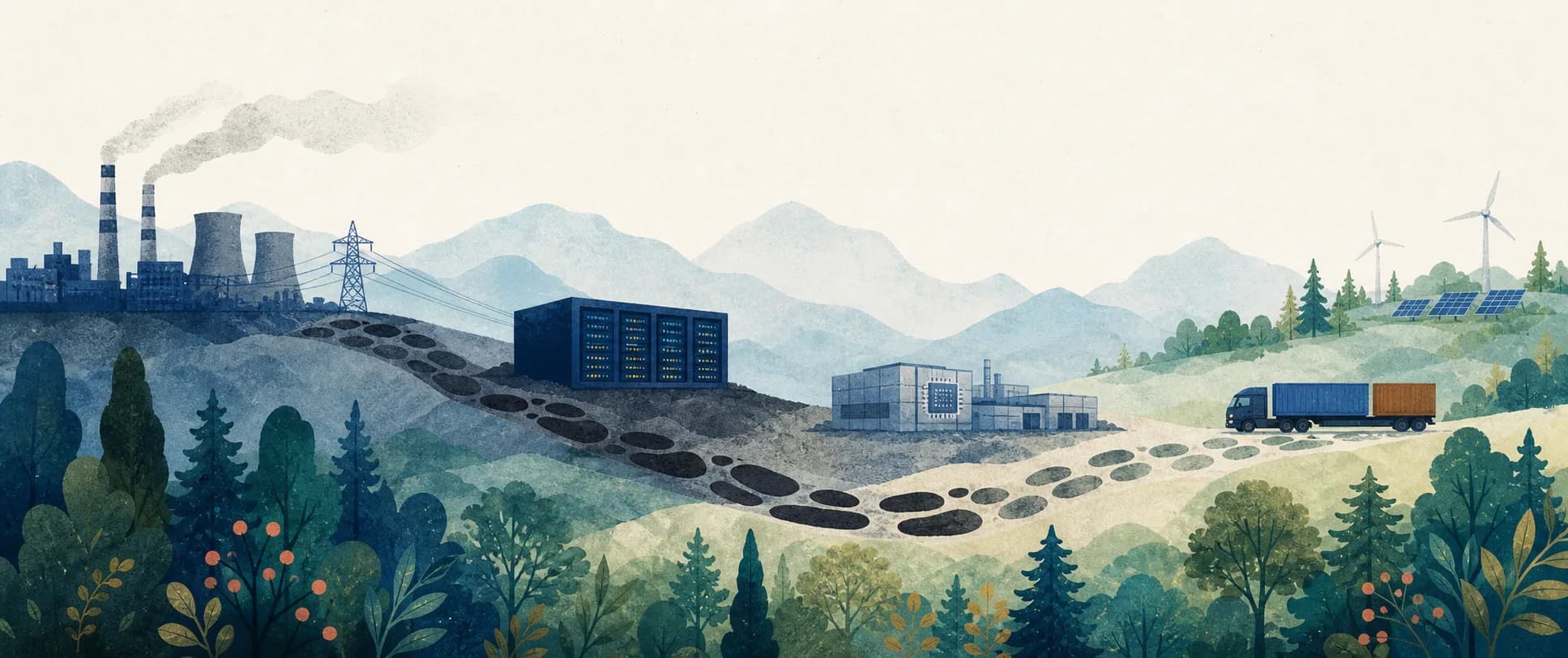 Dark footprints lead from data-centre infrastructure towards a cleaner energy landscape.