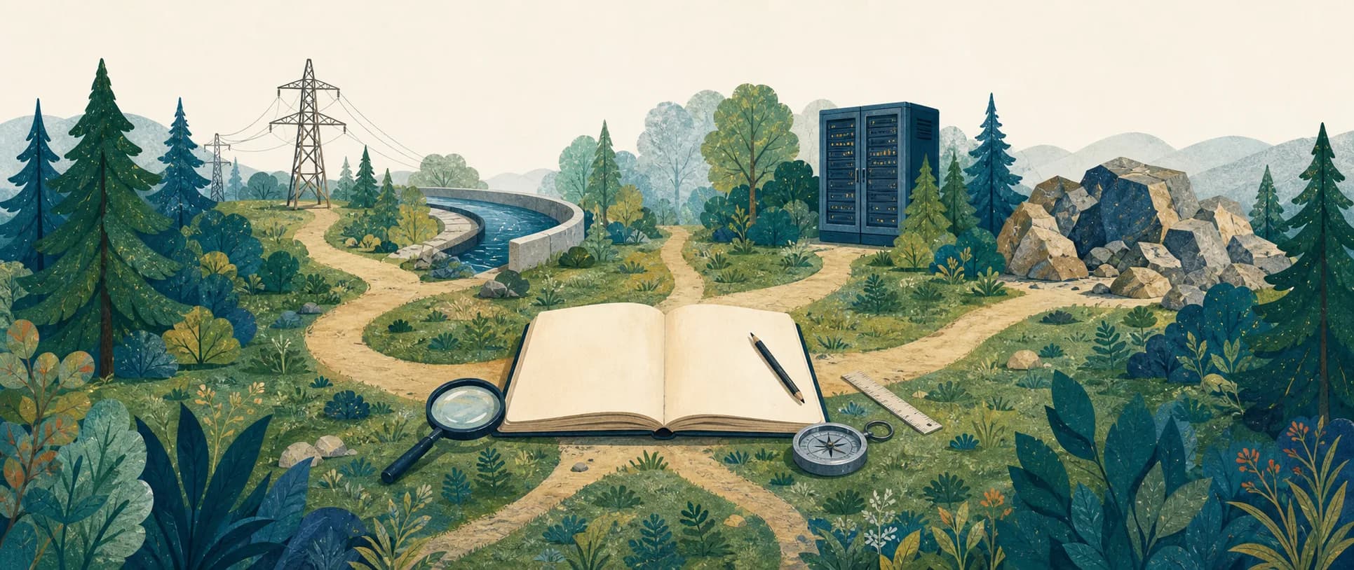 An open field notebook and magnifying glass map paths to servers, water, power and minerals.