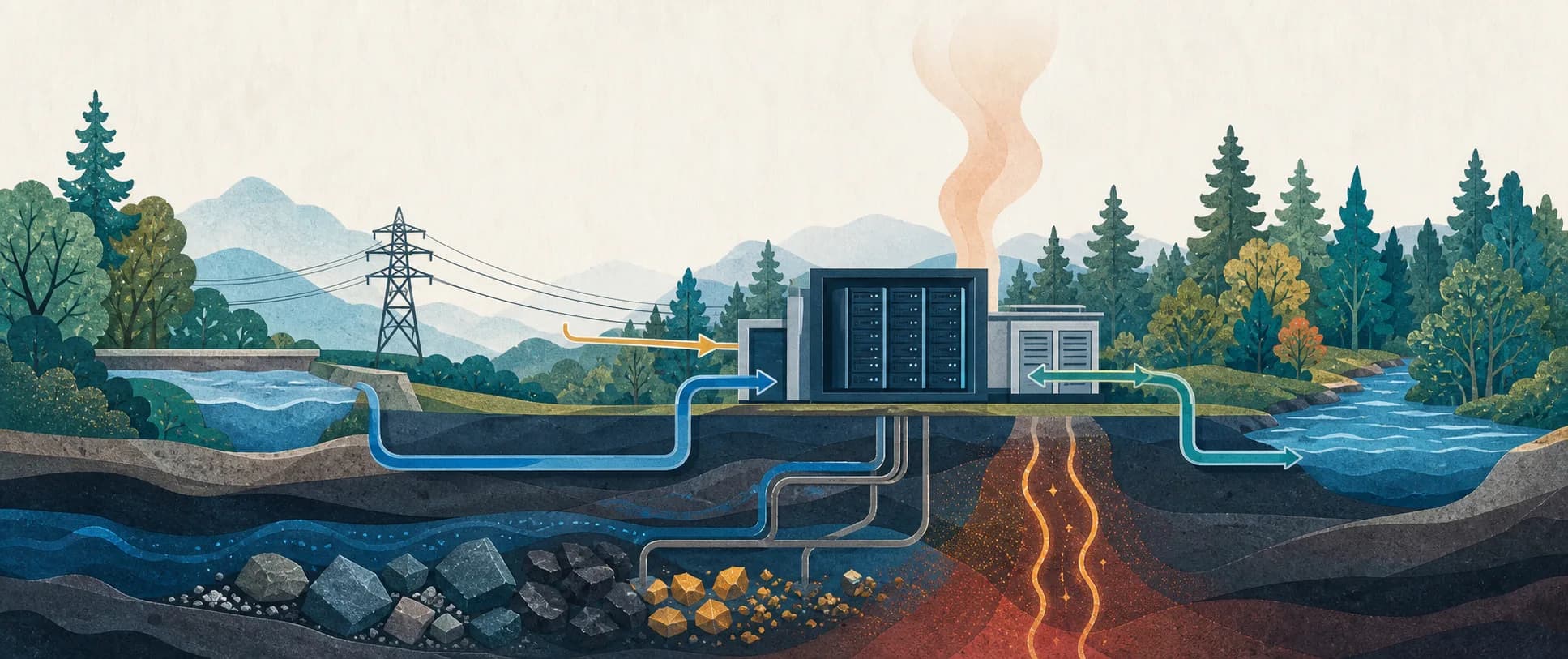 Ein aufgeschnittenes Rechenzentrum enthüllt Kühlwasser, Stromkabel, Wärme und Bodenschätze unter einem Wald.
