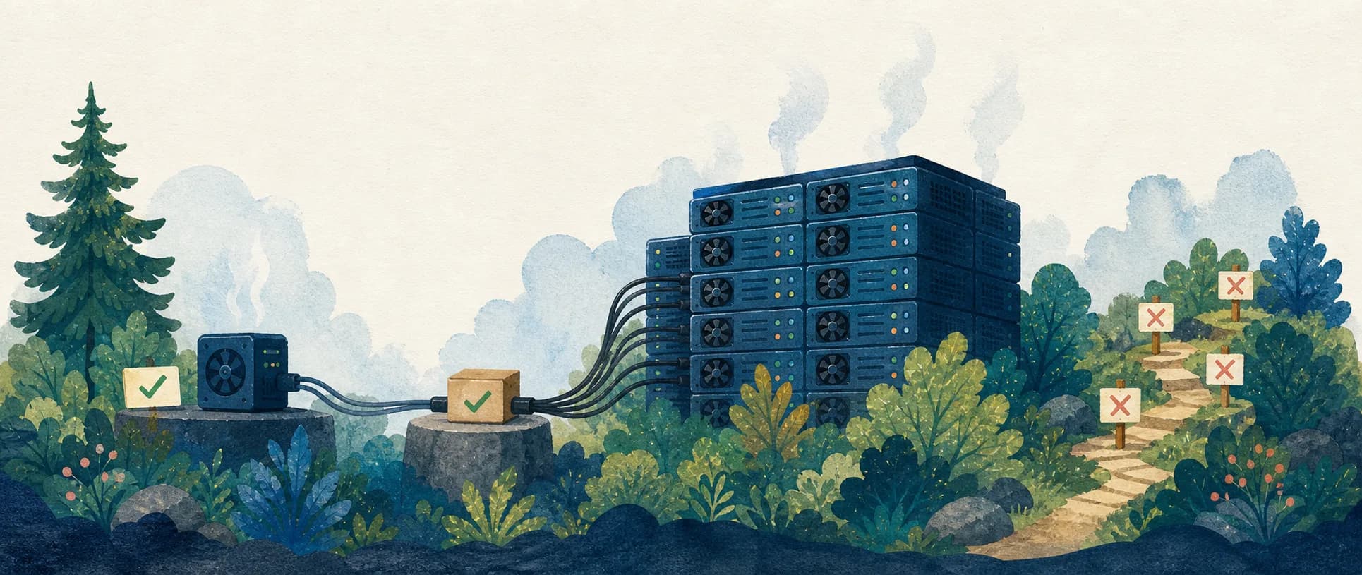 A compact processor and a much larger server stack complete the same modest task.