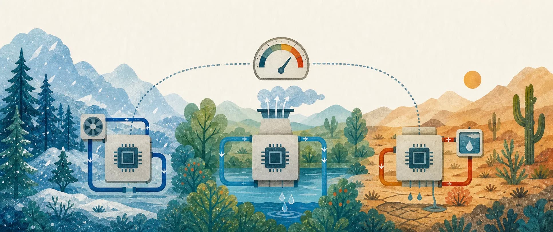 The same AI system appears beside cooling basins in several climates with different water flows.
