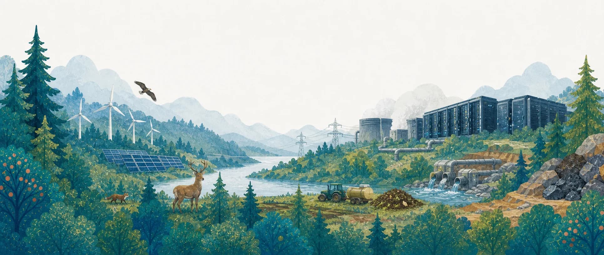 L’IA soutient un réseau électrique, la faune et l’agriculture tandis que son infrastructure physique reste visible.