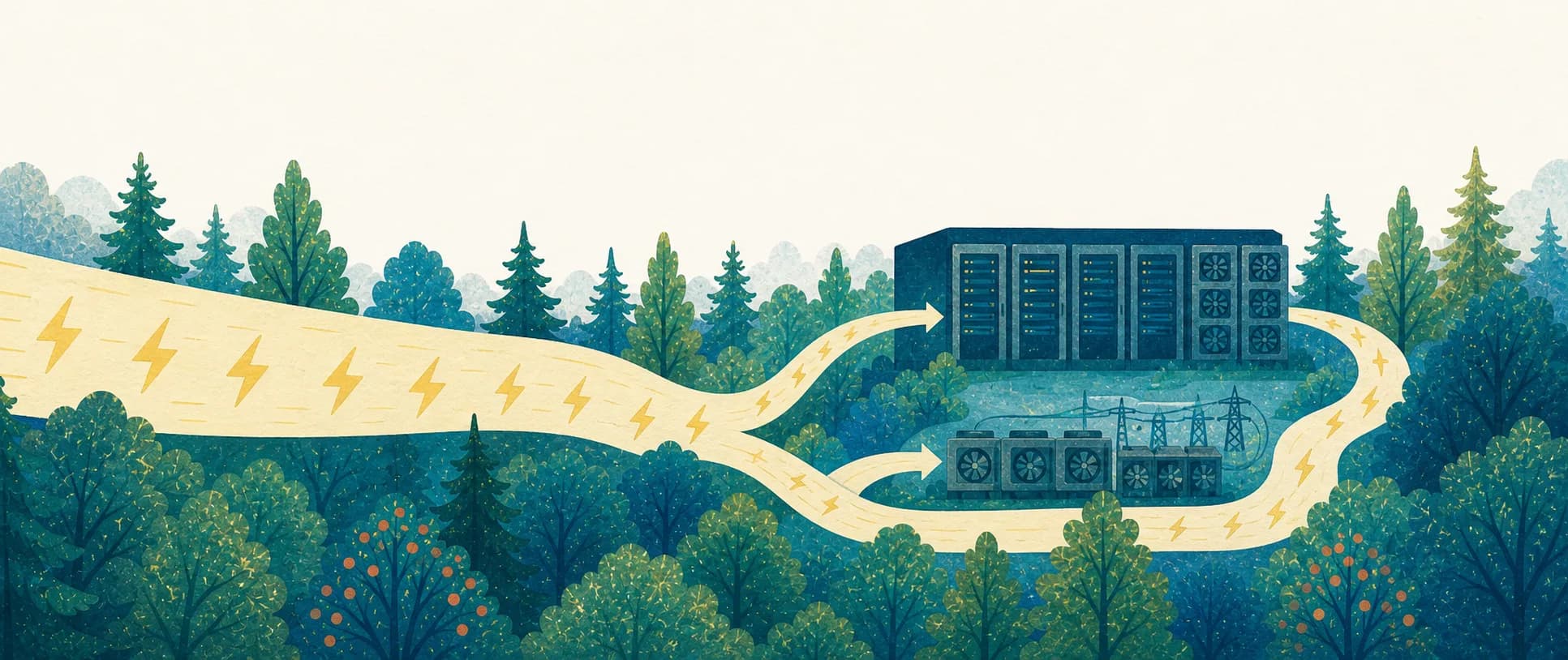 A river of electricity splits between computing equipment and facility cooling overhead.