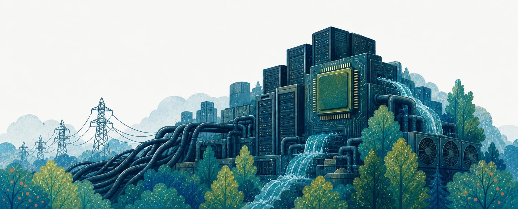 An enormous cluster of servers drawing electricity and cooling water through a forested landscape.