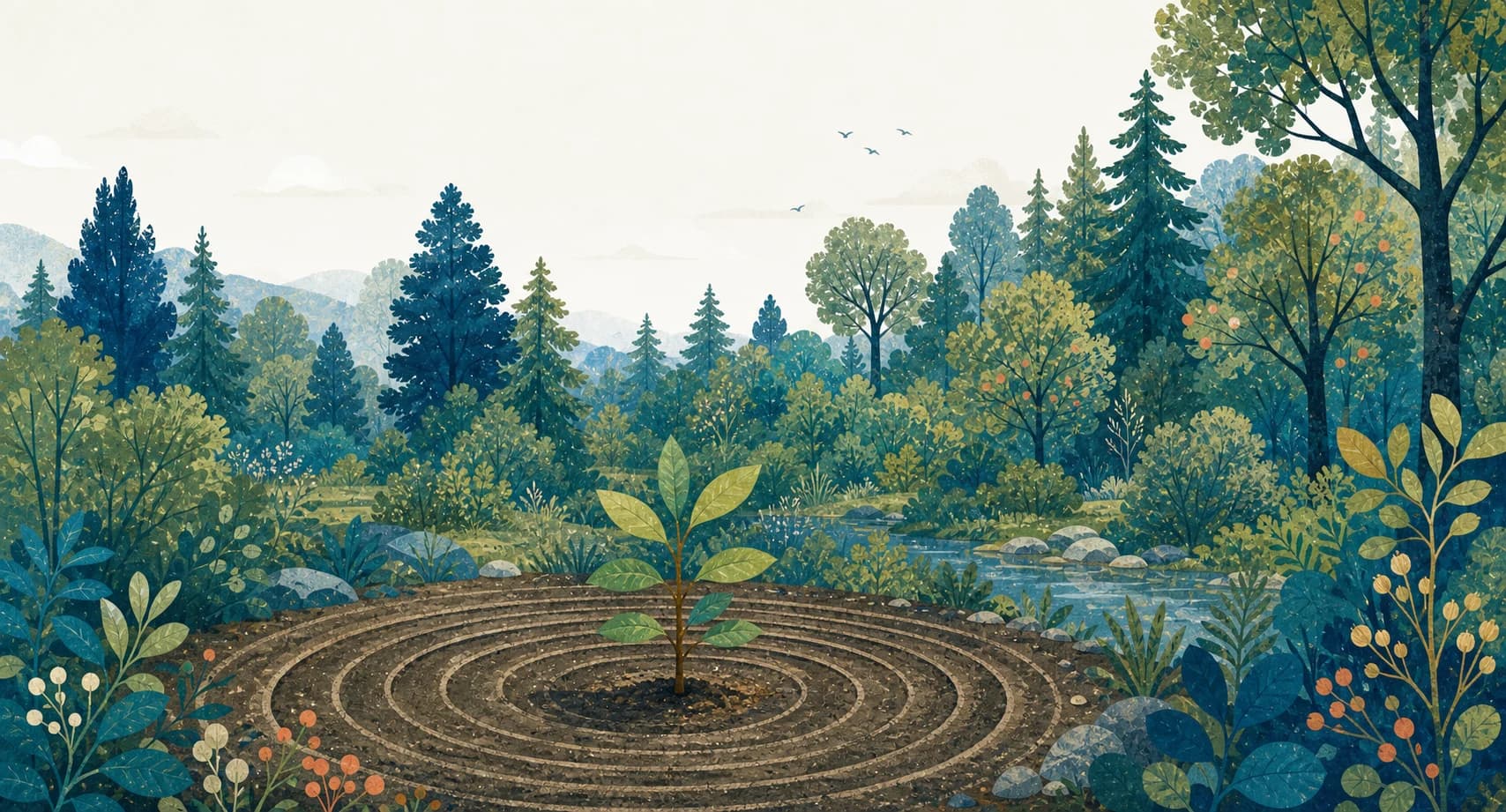 A young sapling surrounded by growth rings, leading into a diverse mature forest.