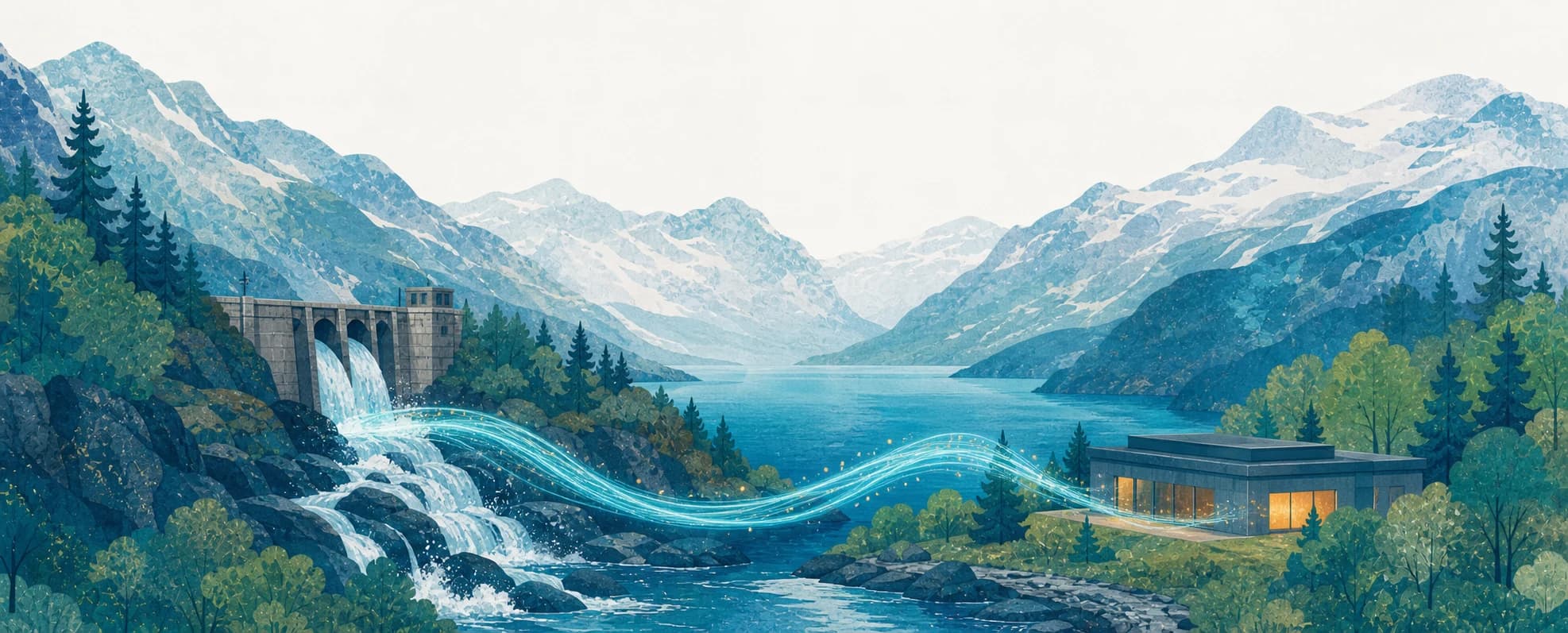 A Norwegian fjord and hydropower dam sending clean energy to a modest data centre.
