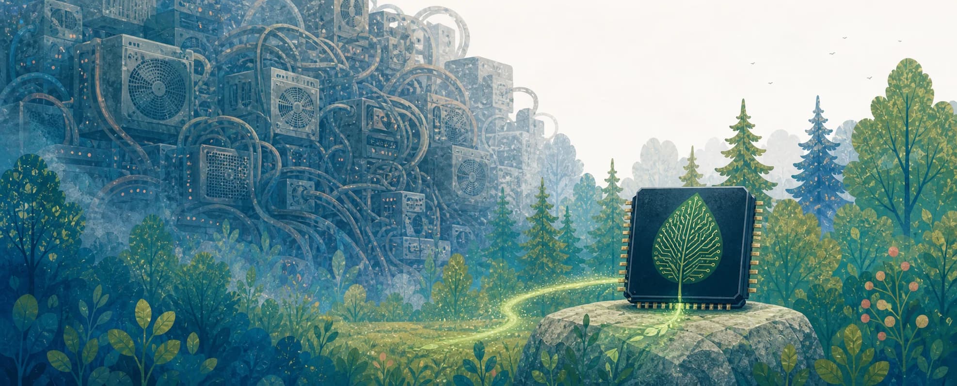 A compact leaf-patterned processor replacing a vast tangle of oversized computing machinery.